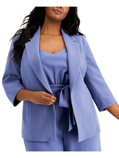 BAR III Womens Blue Stretch Pocketed Textured Darted Shoulder Pads Long Sleeve Collared Formal Blazer Jacket Plus 2X