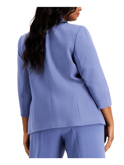 BAR III Womens Blue Stretch Pocketed Textured Darted Shoulder Pads Long Sleeve Collared Formal Blazer Jacket Plus 2X