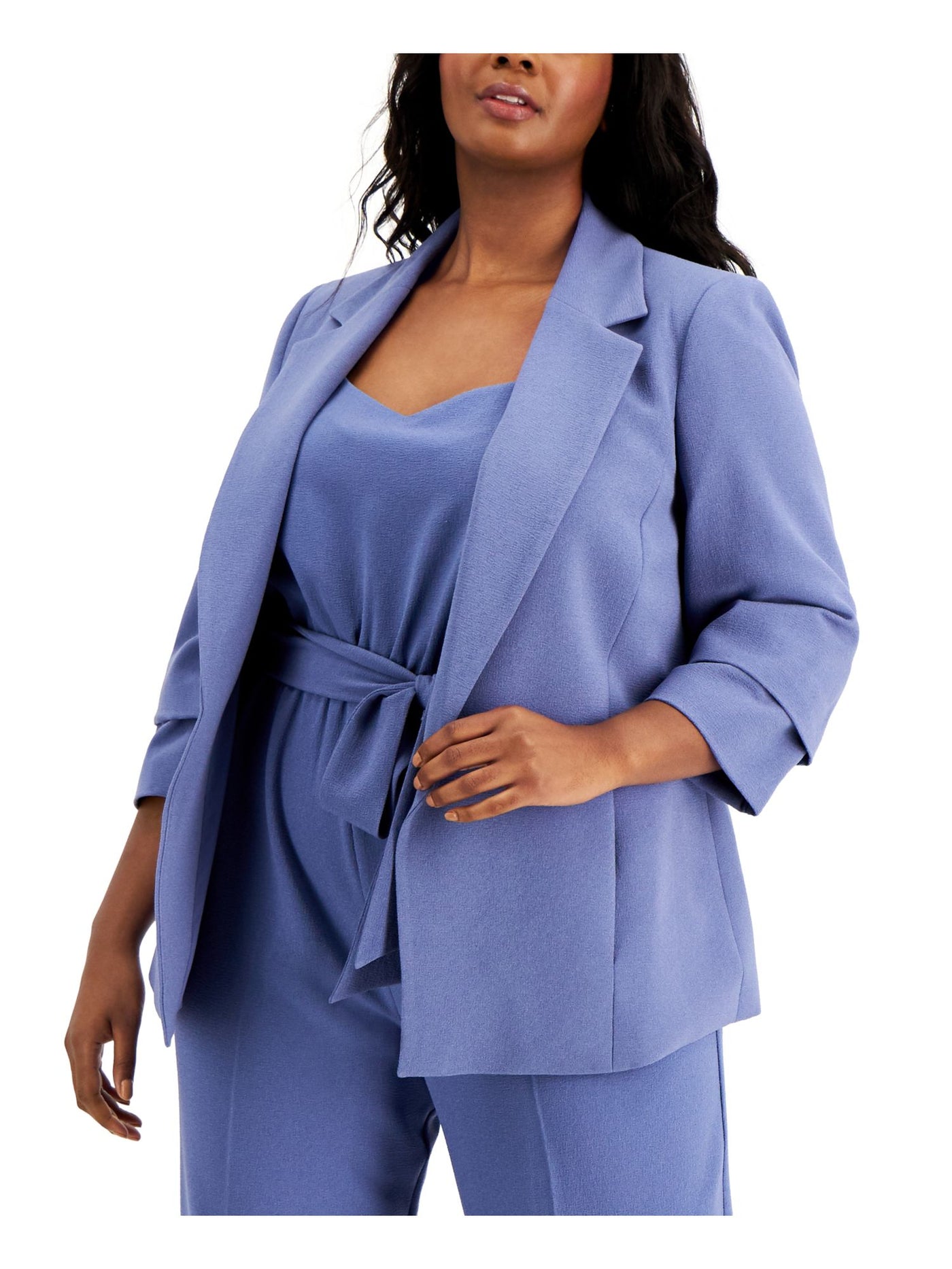 BAR III Womens Blue Stretch Pocketed Textured Darted Shoulder Pads Long Sleeve Collared Formal Blazer Jacket Plus 2X