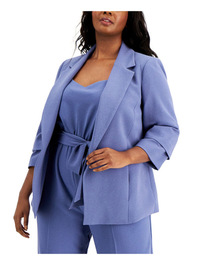 BAR III Womens Blue Stretch Pocketed Textured Darted Shoulder Pads Long Sleeve Collared Formal Blazer Jacket Plus 2X