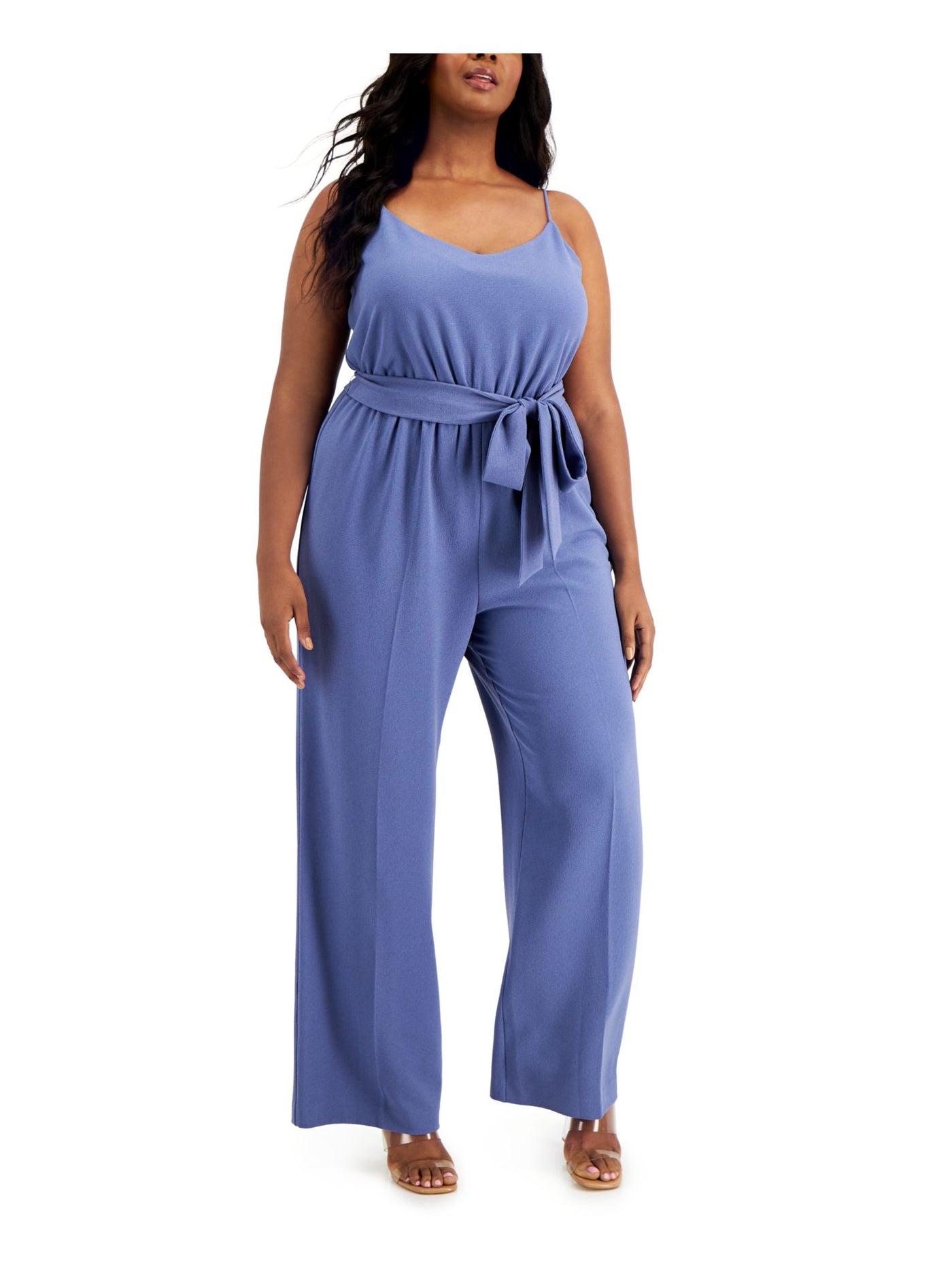 BAR III Womens Blue Stretch Zippered Belted Spaghetti Strap V Neck Wide Leg Jumpsuit Plus 2X