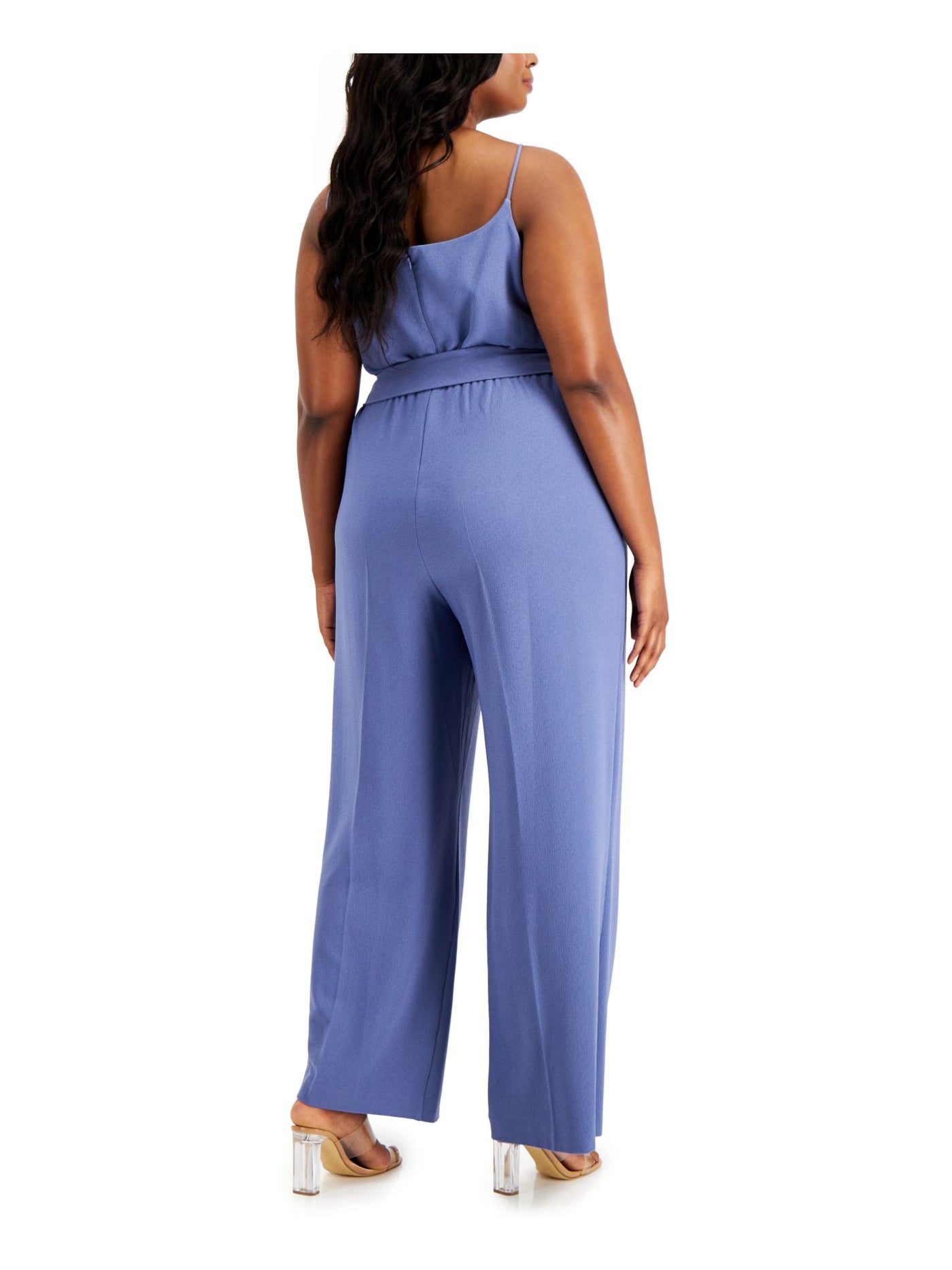 BAR III Womens Stretch Zippered Belted Spaghetti Strap V Neck Wide Leg Jumpsuit