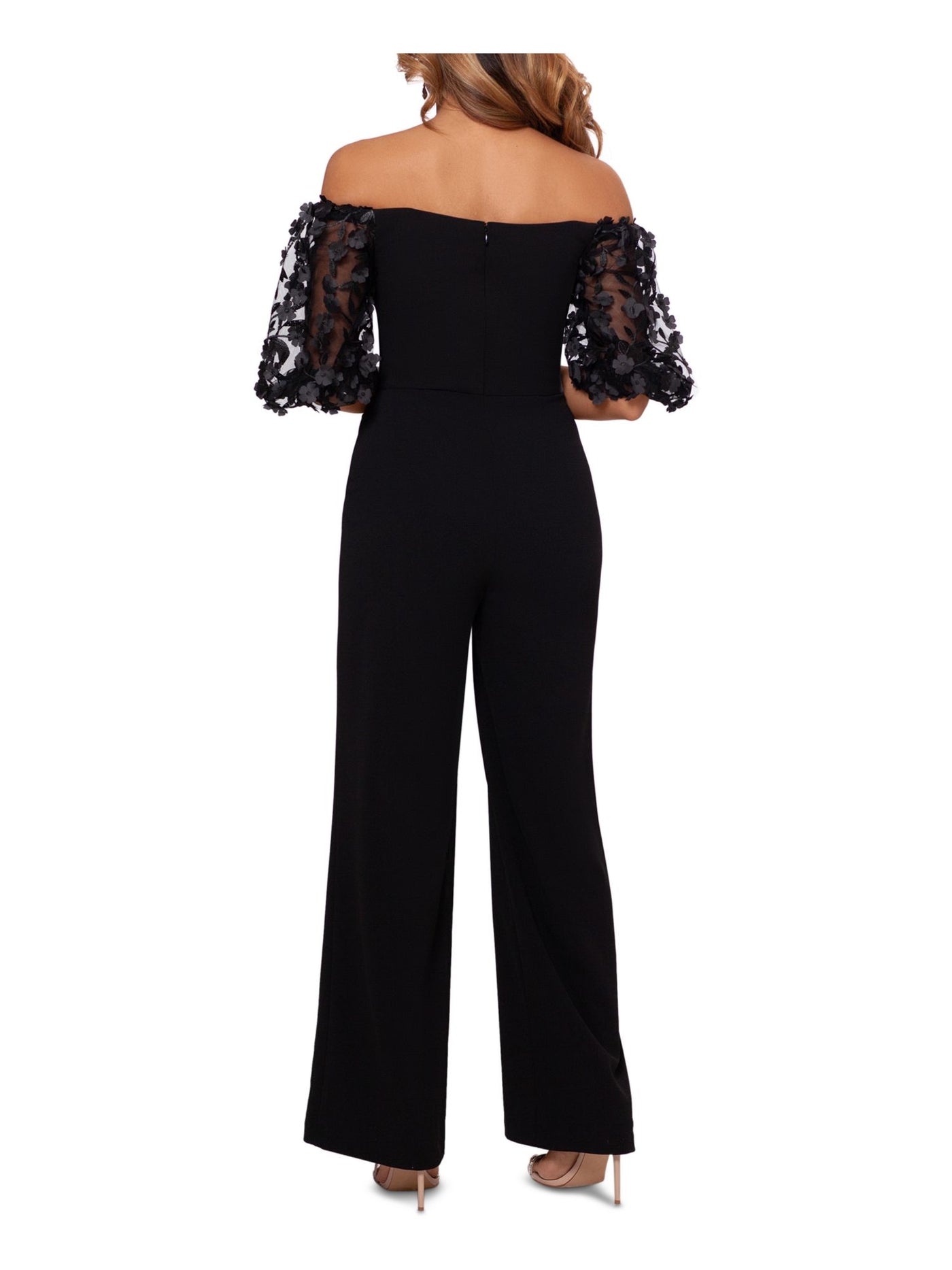 XSCAPE Womens Black Zippered Flower Applique Sleeves Off Shoulder Party High Waist Jumpsuit Petites 12P