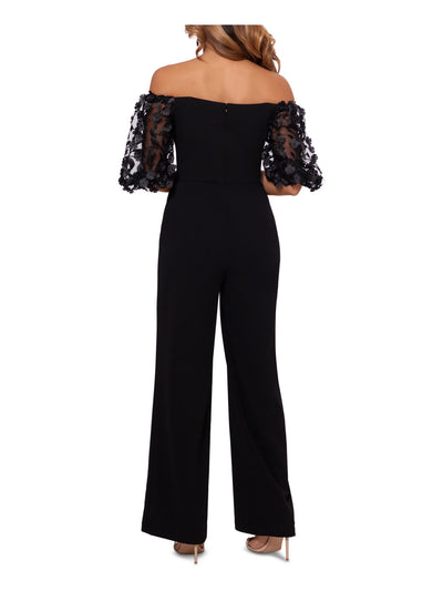 XSCAPE Womens Black Zippered Flower Applique Sleeves Off Shoulder Party High Waist Jumpsuit Petites 4P