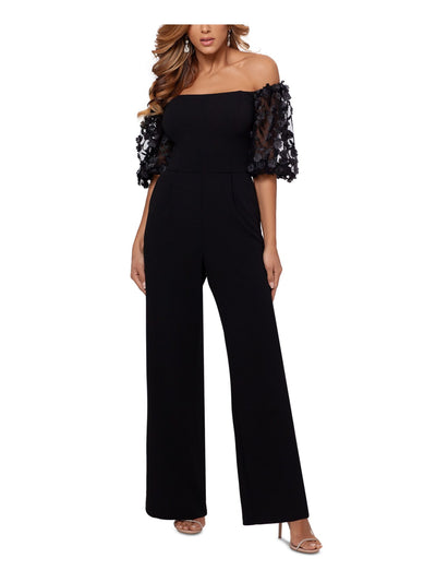 XSCAPE Womens Black Zippered Flower Applique Sleeves Off Shoulder Party High Waist Jumpsuit Petites 12P