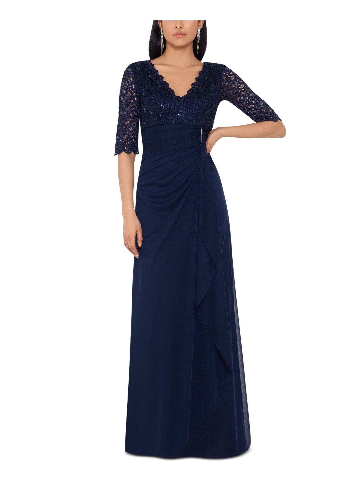 B&A  BY BETSY & ADAM Womens Navy Zippered Scalloped Ruched Waterfall Ruffle V-back Elbow Sleeve V Neck Full-Length Formal Gown Dress 12