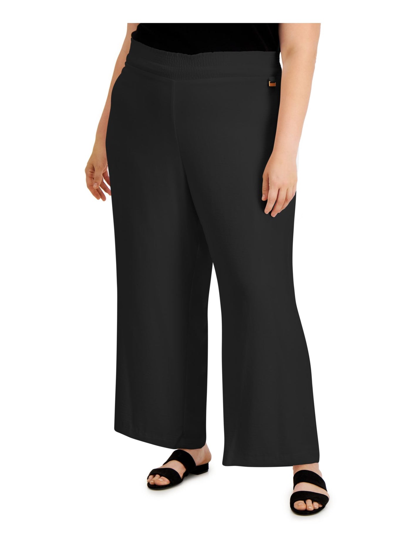 CALVIN KLEIN Womens Black Fleece Lined Smocked Textured Wide Leg Pull On Style Wear To Work Wide Leg Pants Plus 0X