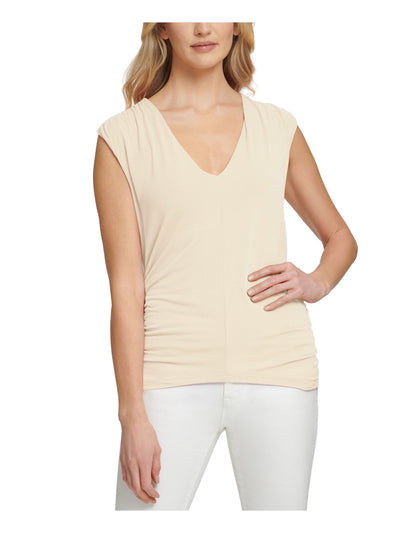 DKNY Womens Beige Stretch Ruched Sleeveless V Neck Wear To Work Top S