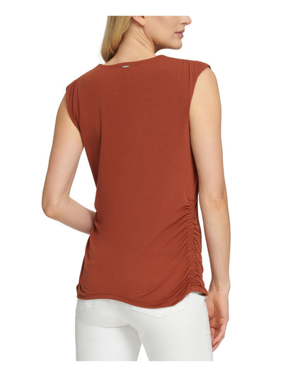 DKNY Womens Brown Stretch Ruched Sleeveless V Neck Top L