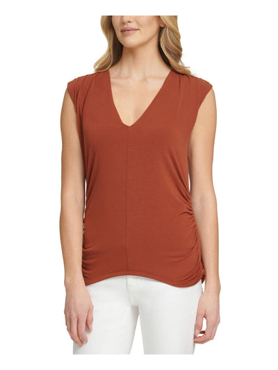 DKNY Womens Brown Stretch Ruched Sleeveless V Neck Top L