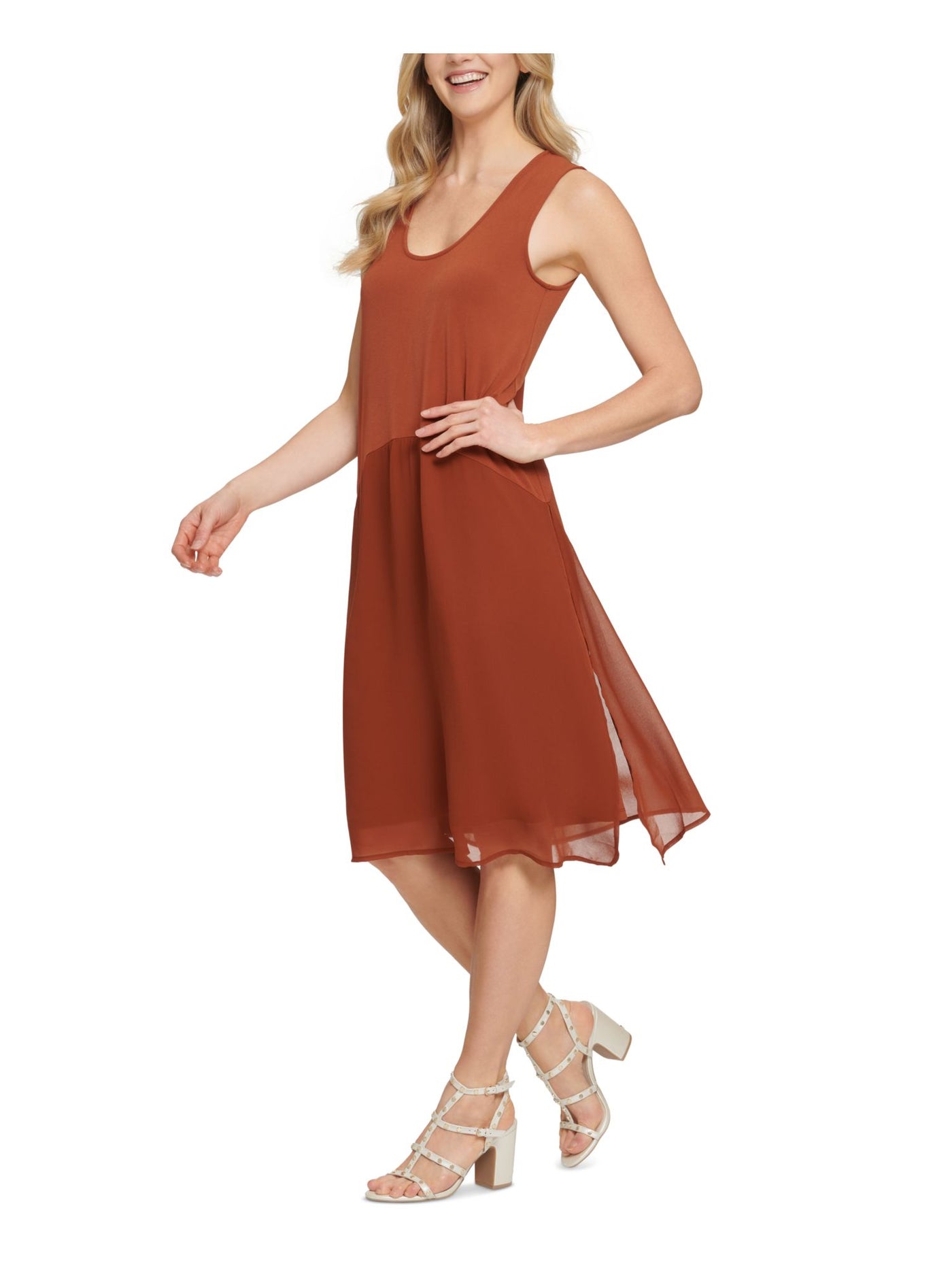 DKNY Womens Brown Stretch Slitted Pullover Styling Sleeveless Scoop Neck Midi Trapeze Dress XS