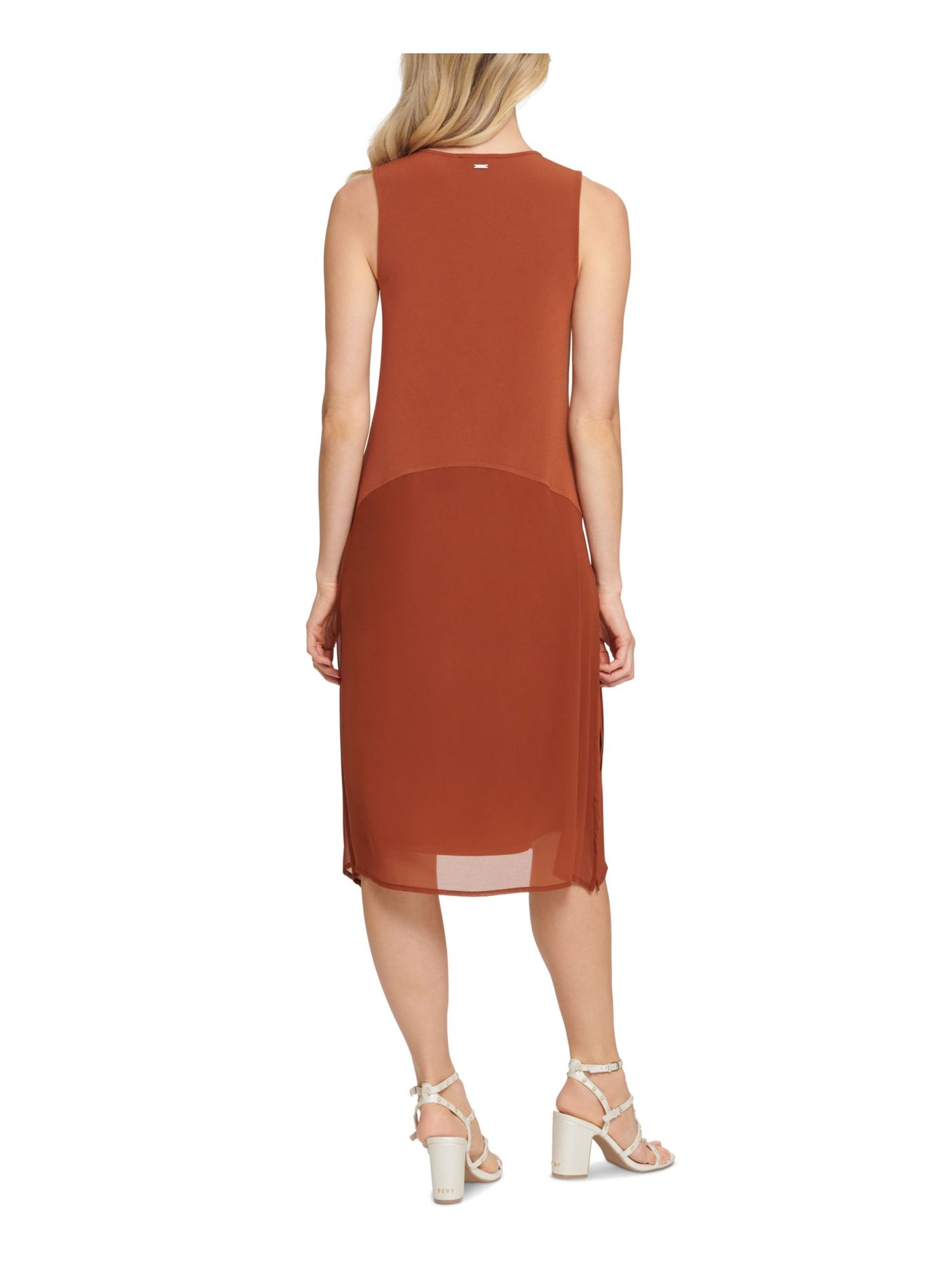 DKNY Womens Brown Stretch Slitted Pullover Styling Sleeveless Scoop Neck Midi Trapeze Dress XS