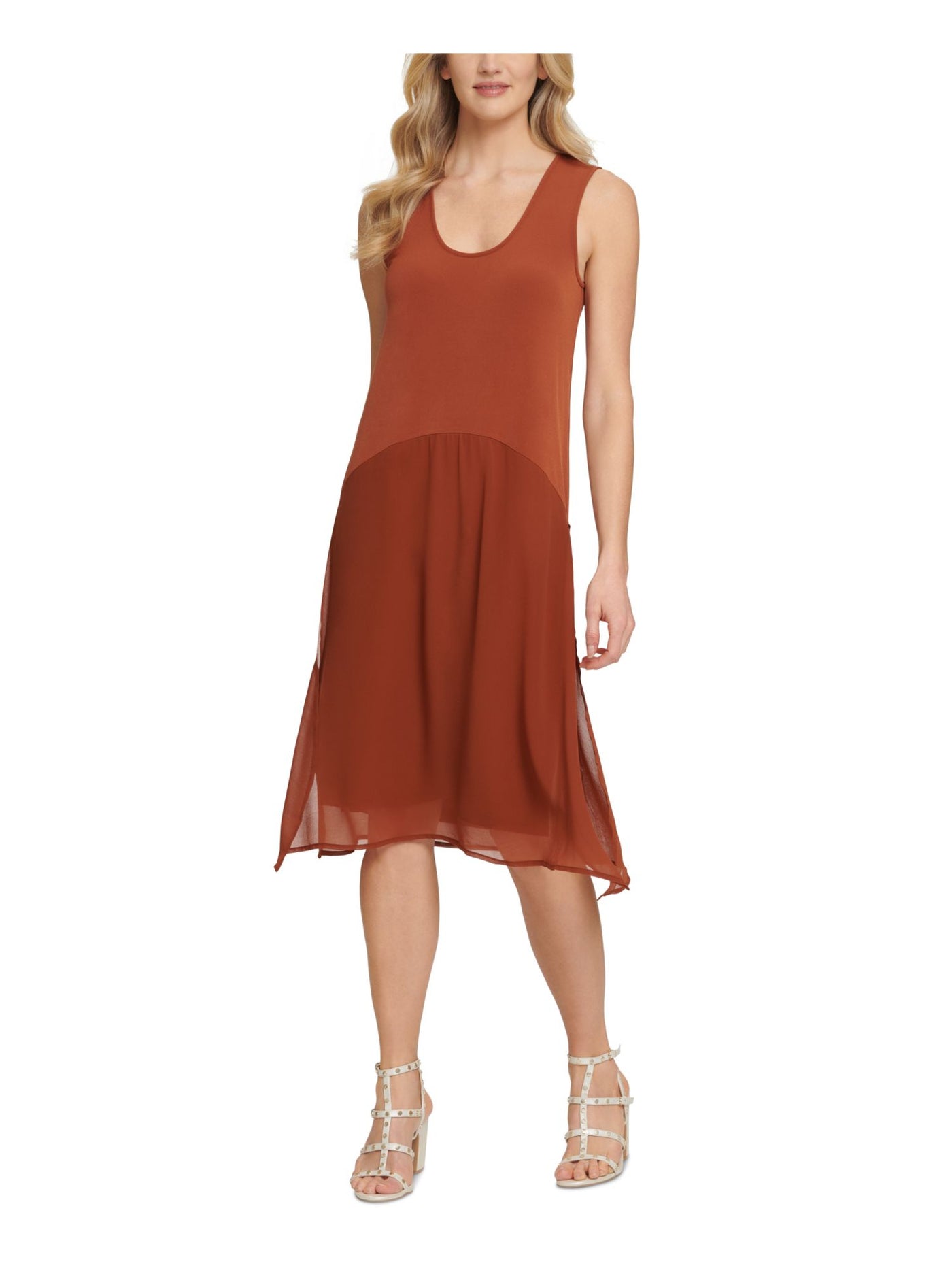 DKNY Womens Stretch Slitted Pullover Styling Sleeveless Scoop Neck Midi Trapeze Dress