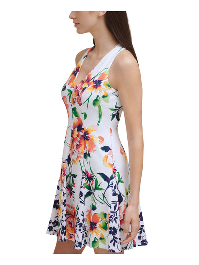 VINCE CAMUTO Womens White Zippered Fitted Lined Floral Sleeveless V Neck Mini Party Fit + Flare Dress Petites 2P