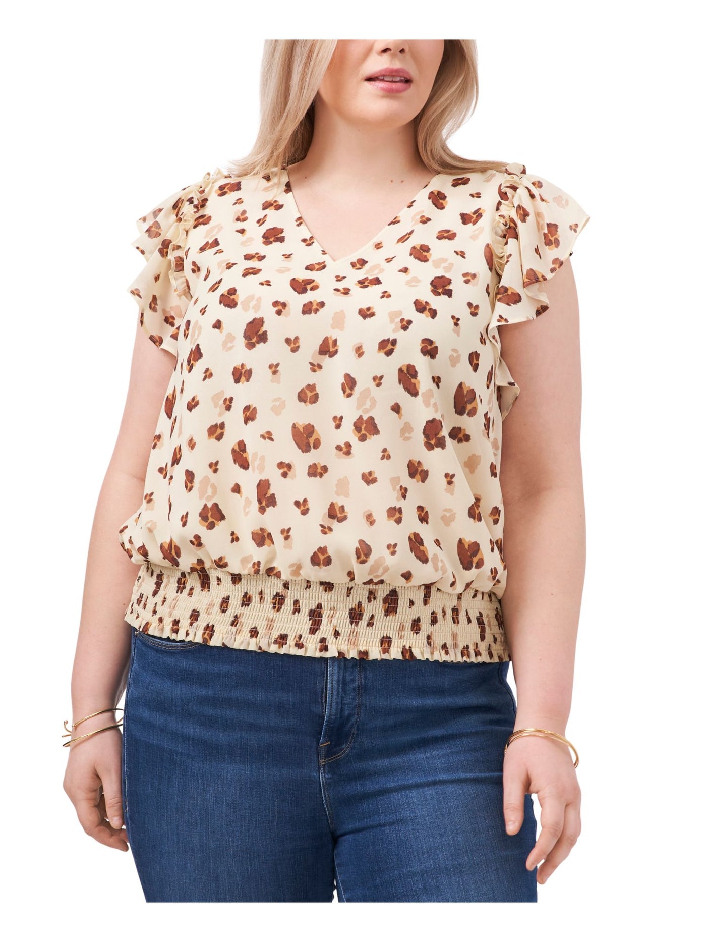 1. STATE Womens Beige Smocked Ruffled Gathered Back Yoke Animal Print Flutter Sleeve V Neck Top Plus 3X