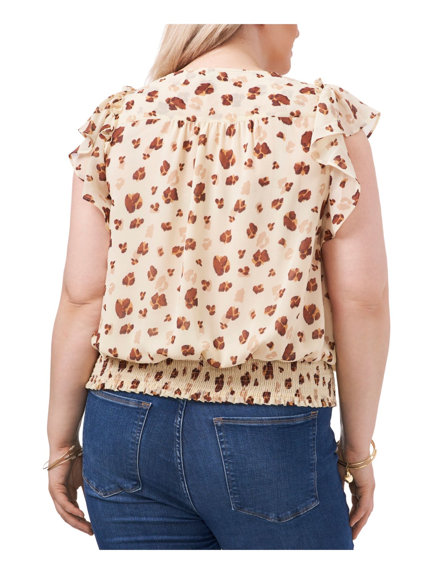 1. STATE Womens Beige Smocked Ruffled Gathered Back Yoke Animal Print Flutter Sleeve V Neck Top Plus 3X