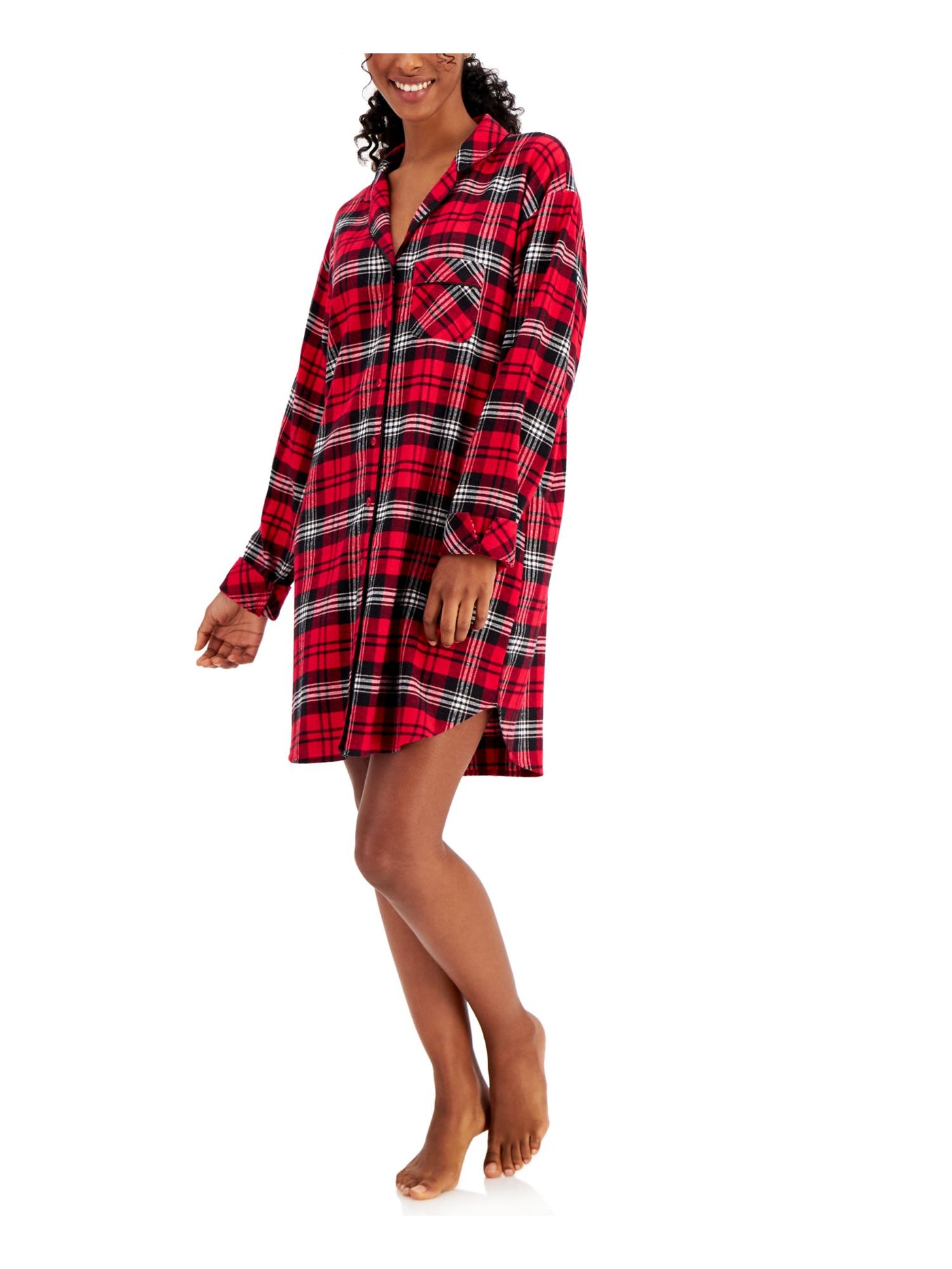 CHARTER CLUB Intimates Red Notched Collar Pocketed Curved Hem Nightshirt Plaid Sleep Shirt Pajama Top S