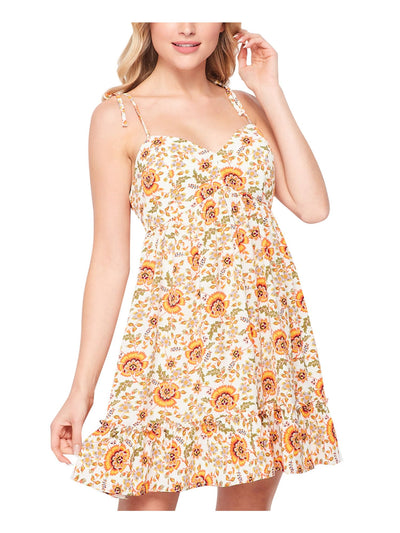 TEEZE ME Womens Ivory Stretch Zippered Tie Ruffled Floral Spaghetti Strap Sweetheart Neckline Short Party Fit + Flare Dress 13\14