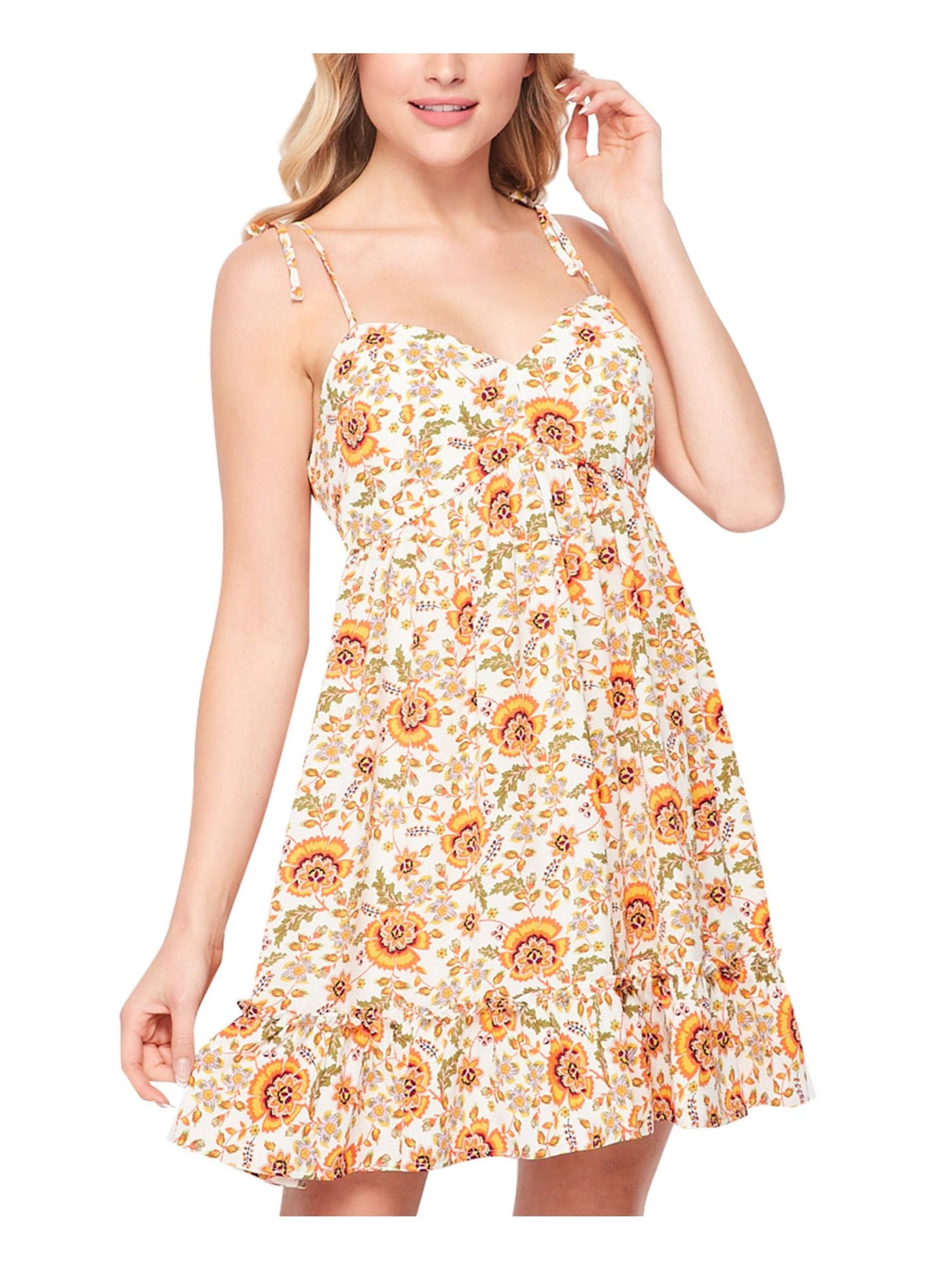 TEEZE ME Womens Ivory Stretch Zippered Tie Ruffled Floral Spaghetti Strap Sweetheart Neckline Short Party Fit + Flare Dress 3\4