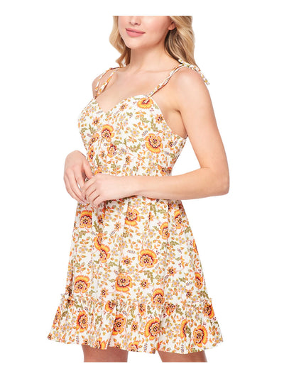 TEEZE ME Womens Ivory Stretch Zippered Tie Ruffled Floral Spaghetti Strap Sweetheart Neckline Short Party Fit + Flare Dress 7
