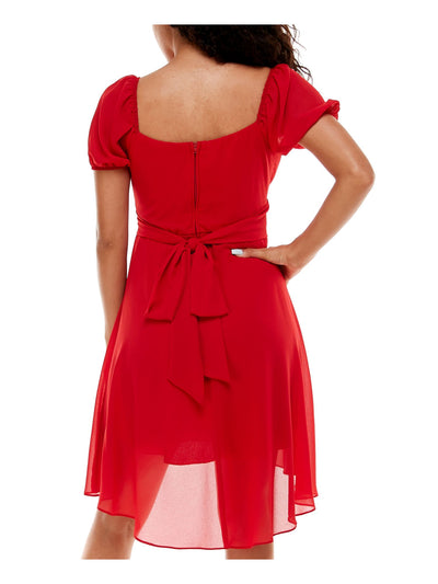 B DARLIN Womens Red Zippered Pleated Lined Tie Pouf Sleeve Sweetheart Neckline Below The Knee Evening Hi-Lo Dress 15\16