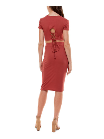 ALMOST FAMOUS Womens Coral Ribbed Lace Up Back Cutout Short Sleeve Crew Neck Midi Party Pencil Dress L