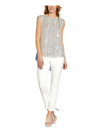 ADRIANNA PAPELL Womens Blue Stretch Sequined Keyhole And Flyaway Back Sleeveless Boat Neck Formal Top 8