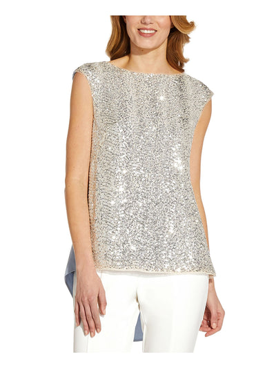 ADRIANNA PAPELL Womens Blue Stretch Sequined Keyhole And Flyaway Back Sleeveless Boat Neck Formal Top 8