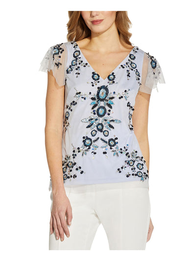 ADRIANNA PAPELL Womens Light Blue Embellished Sequined Zippered Lined Mesh Floral Flutter Sleeve V Neck Wear To Work Top 2