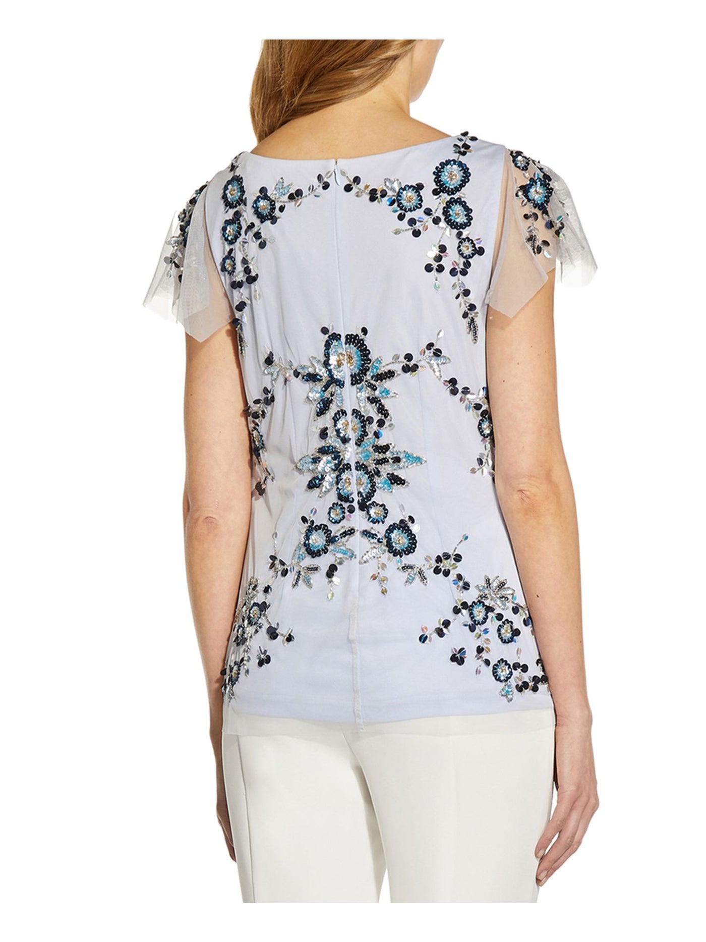 ADRIANNA PAPELL Womens Light Blue Embellished Sequined Zippered Lined Mesh Floral Flutter Sleeve V Neck Wear To Work Top 2