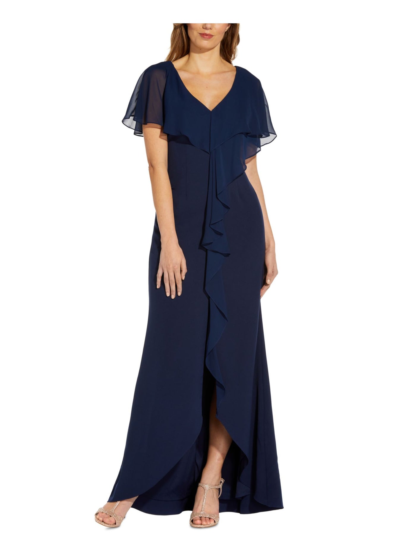 ADRIANNA PAPELL Womens Navy Ruffled Zippered Hi-lo Hem Lined Flutter Sleeve V Neck Full-Length Formal Gown Dress 4