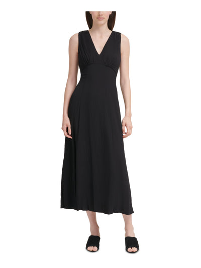 CALVIN KLEIN Womens Black Stretch Zippered Tie Hook And Eye Closure Sleeveless V Neck Maxi Cocktail Fit + Flare Dress 6