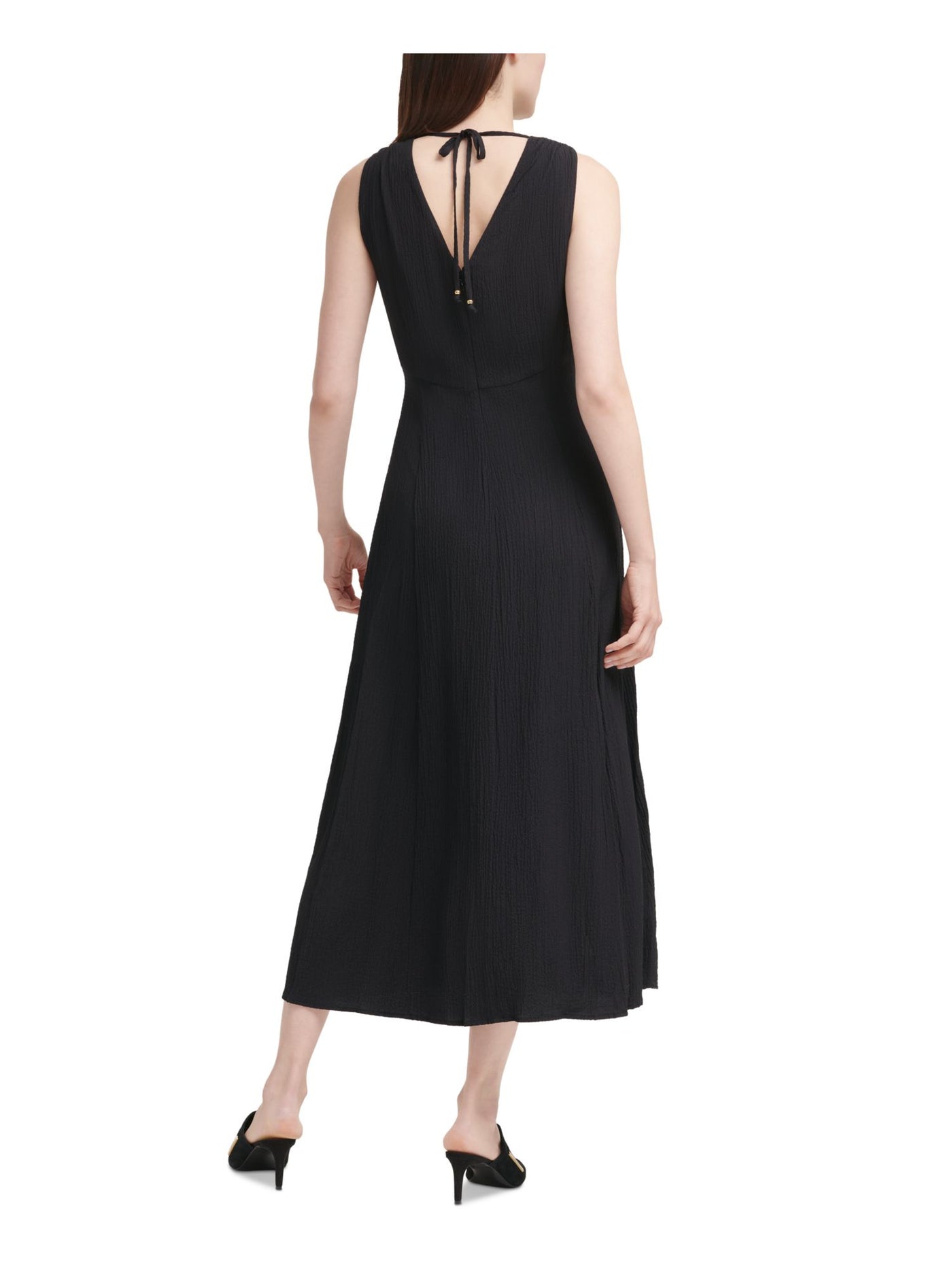 CALVIN KLEIN Womens Black Stretch Zippered Tie Hook And Eye Closure Sleeveless V Neck Maxi Cocktail Fit + Flare Dress 6