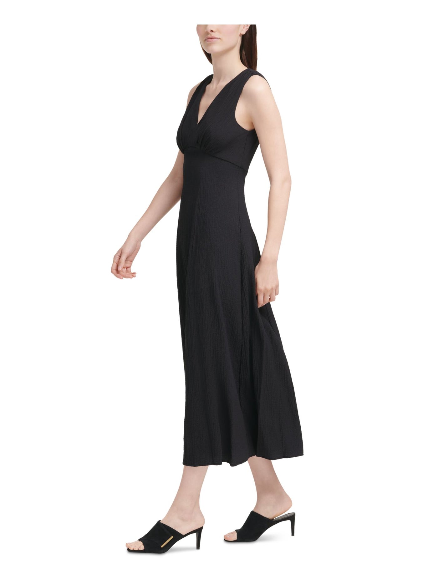 CALVIN KLEIN Womens Black Stretch Zippered Tie Hook And Eye Closure Sleeveless V Neck Maxi Cocktail Fit + Flare Dress 6