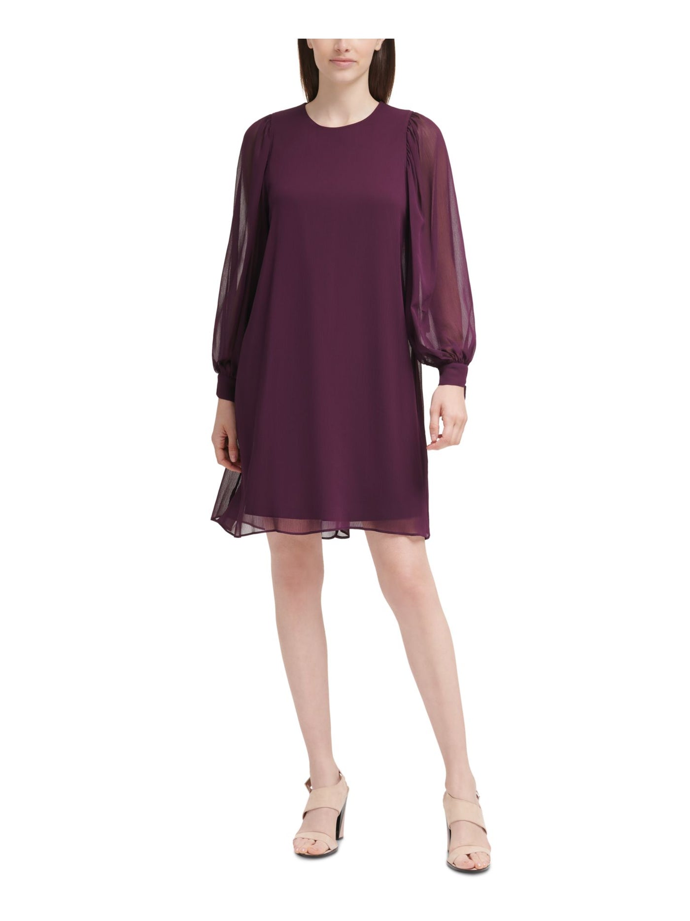 CALVIN KLEIN Womens Purple Textured Lined Keyhole Back Tie-cuffs Balloon Sleeve Round Neck Above The Knee Wear To Work Shift Dress Petites 2P