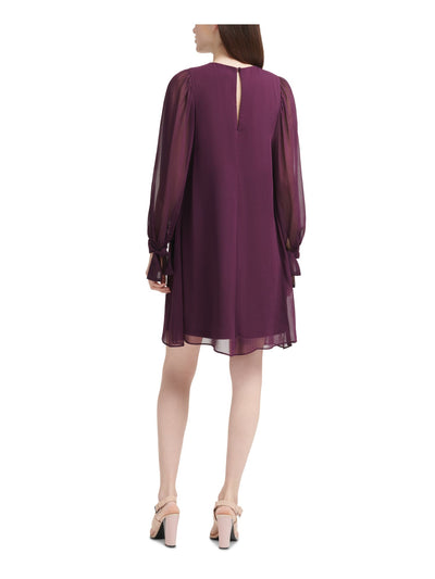 CALVIN KLEIN Womens Purple Textured Lined Keyhole Back Tie-cuffs Balloon Sleeve Round Neck Above The Knee Wear To Work Shift Dress Petites 2P
