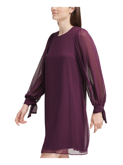 CALVIN KLEIN Womens Purple Textured Lined Keyhole Back Tie-cuffs Balloon Sleeve Round Neck Above The Knee Wear To Work Shift Dress Petites 2P