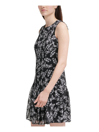 CALVIN KLEIN Womens Black Zippered Ruffled Chiffon Lined Floral Sleeveless Round Neck Short Evening Fit + Flare Dress 14