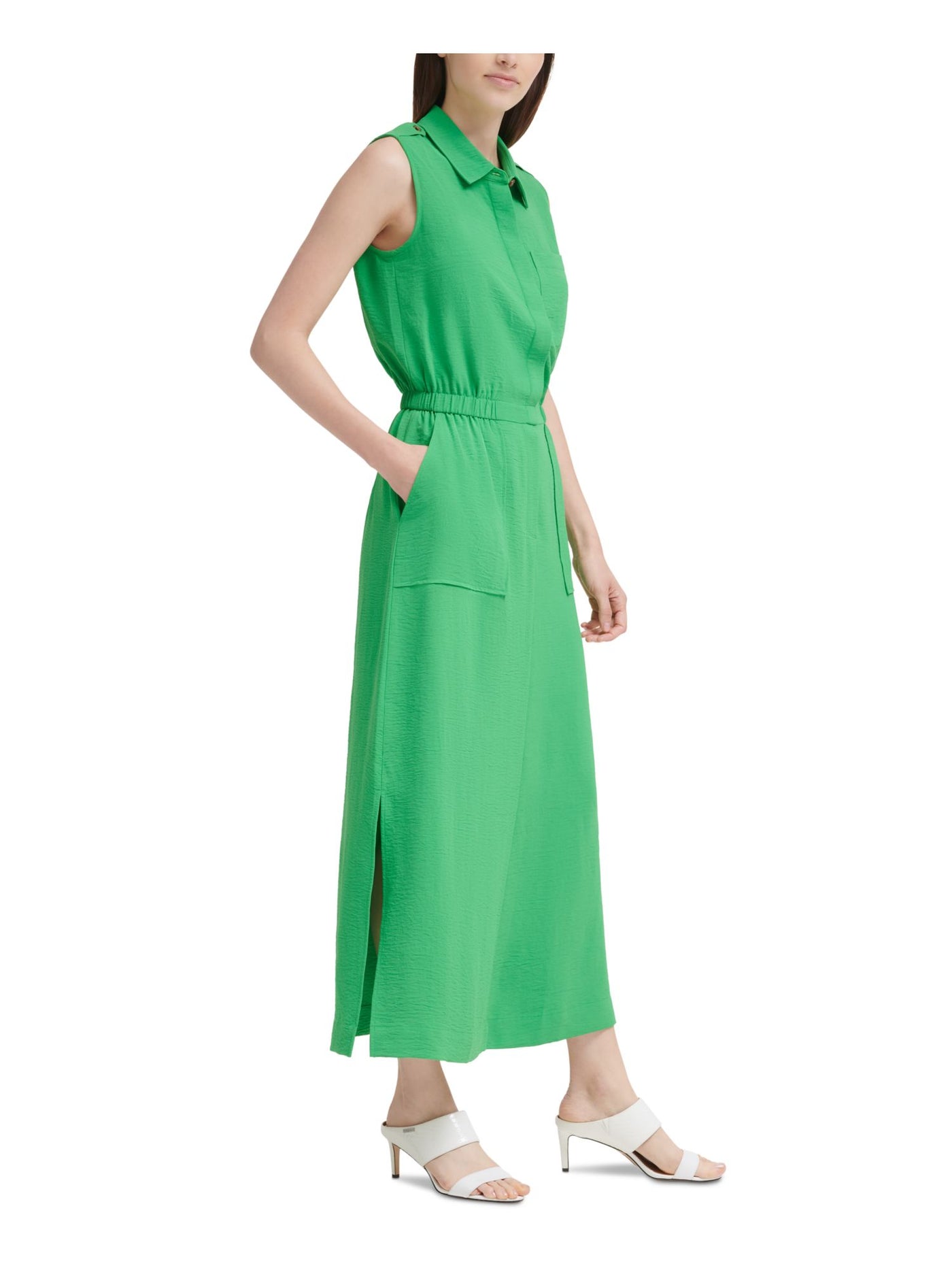 CALVIN KLEIN Womens Green Pocketed Slitted Elastic Waist Sleeveless Point Collar Maxi Wear To Work Sheath Dress 10