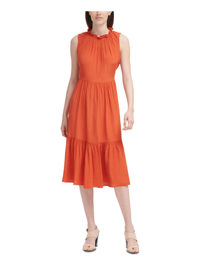 CALVIN KLEIN Womens Stretch Pleated Tie Tiered Unlined Ruffled-neck Sleeveless Midi Wear To Work Sheath Dress