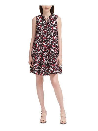 CALVIN KLEIN Womens Red Ruffled Tiered Floral Sleeveless Tie Neck Above The Knee Shift Dress 2