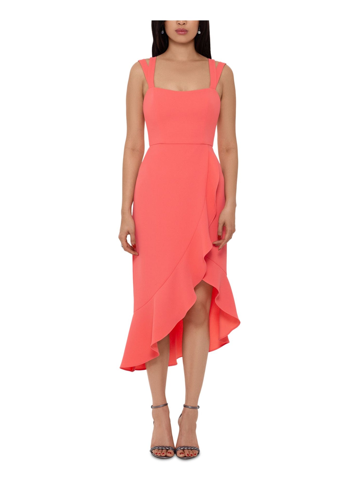 XSCAPE Womens Coral Ruffled Sleeveless Square Neck Short Party Hi-Lo Dress 4