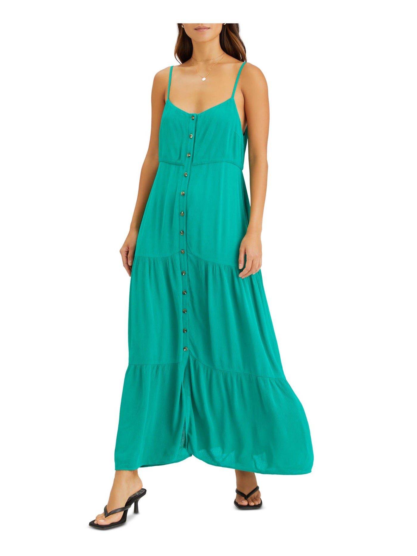 SANCTUARY Womens Teal Pleated Tiered Adjustable Straps Button Spaghetti Strap Scoop Neck Maxi Shift Dress S