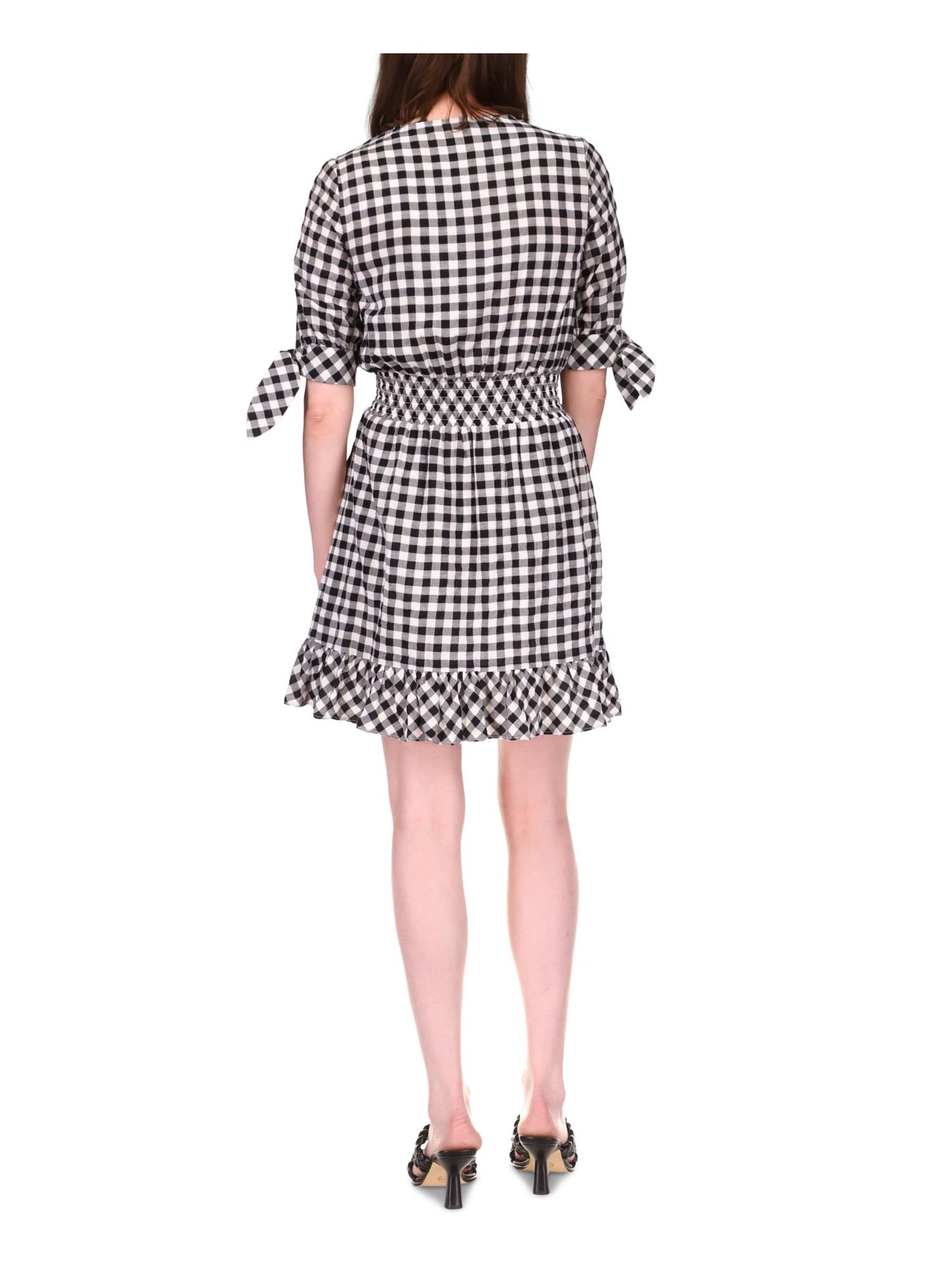 MICHAEL MICHAEL KORS Womens White Lined Smocked Tied Cuffs Ruffled Hem Pullover Gingham Elbow Sleeve Surplice Neckline Short Fit + Flare Dress Petites P\XS