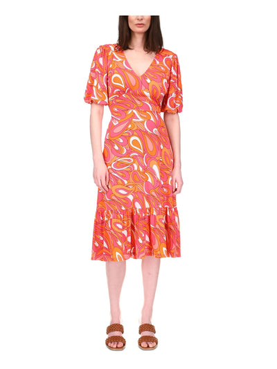 MICHAEL MICHAEL KORS Womens Orange Unlined Tie Elasticized Low Back Pullover Paisley Short Sleeve V Neck Below The Knee Fit + Flare Dress Petites P\S