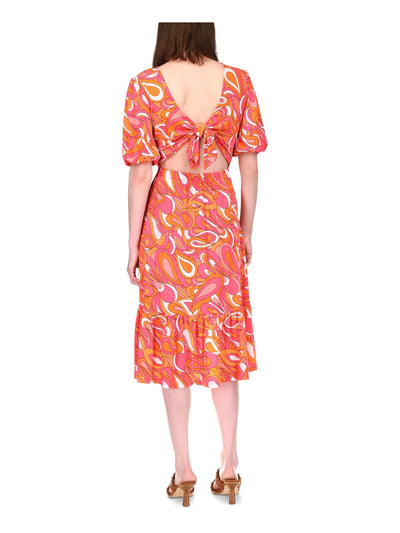 MICHAEL MICHAEL KORS Womens Orange Unlined Tie Elasticized Low Back Pullover Paisley Short Sleeve V Neck Below The Knee Fit + Flare Dress Petites P\S