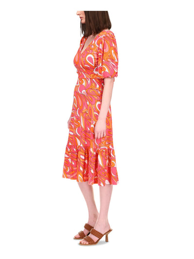 MICHAEL MICHAEL KORS Womens Orange Unlined Tie Elasticized Low Back Pullover Paisley Short Sleeve V Neck Below The Knee Fit + Flare Dress Petites P\S