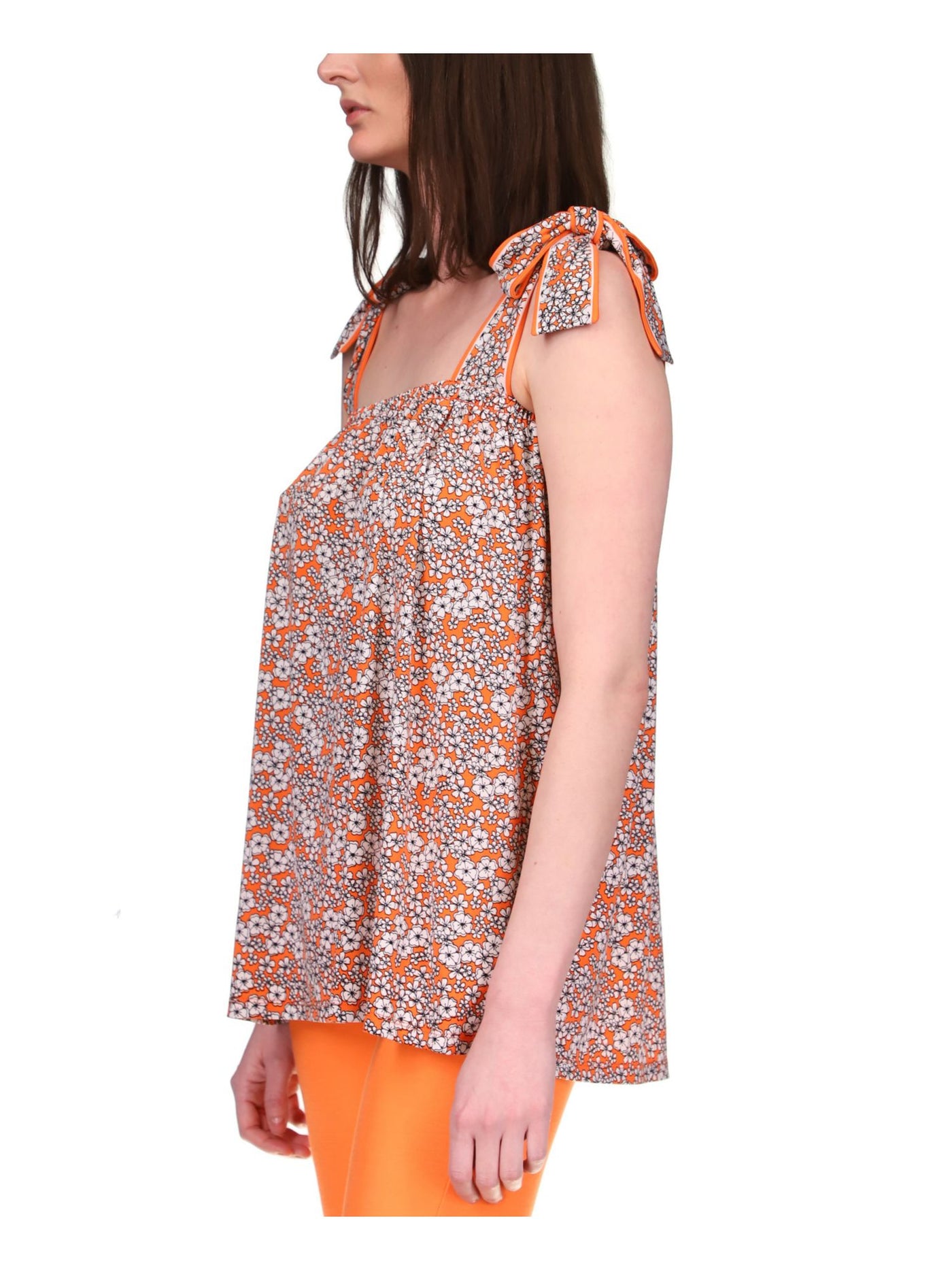 MICHAEL KORS Womens Orange Floral Sleeveless Square Neck Tank Top XXS