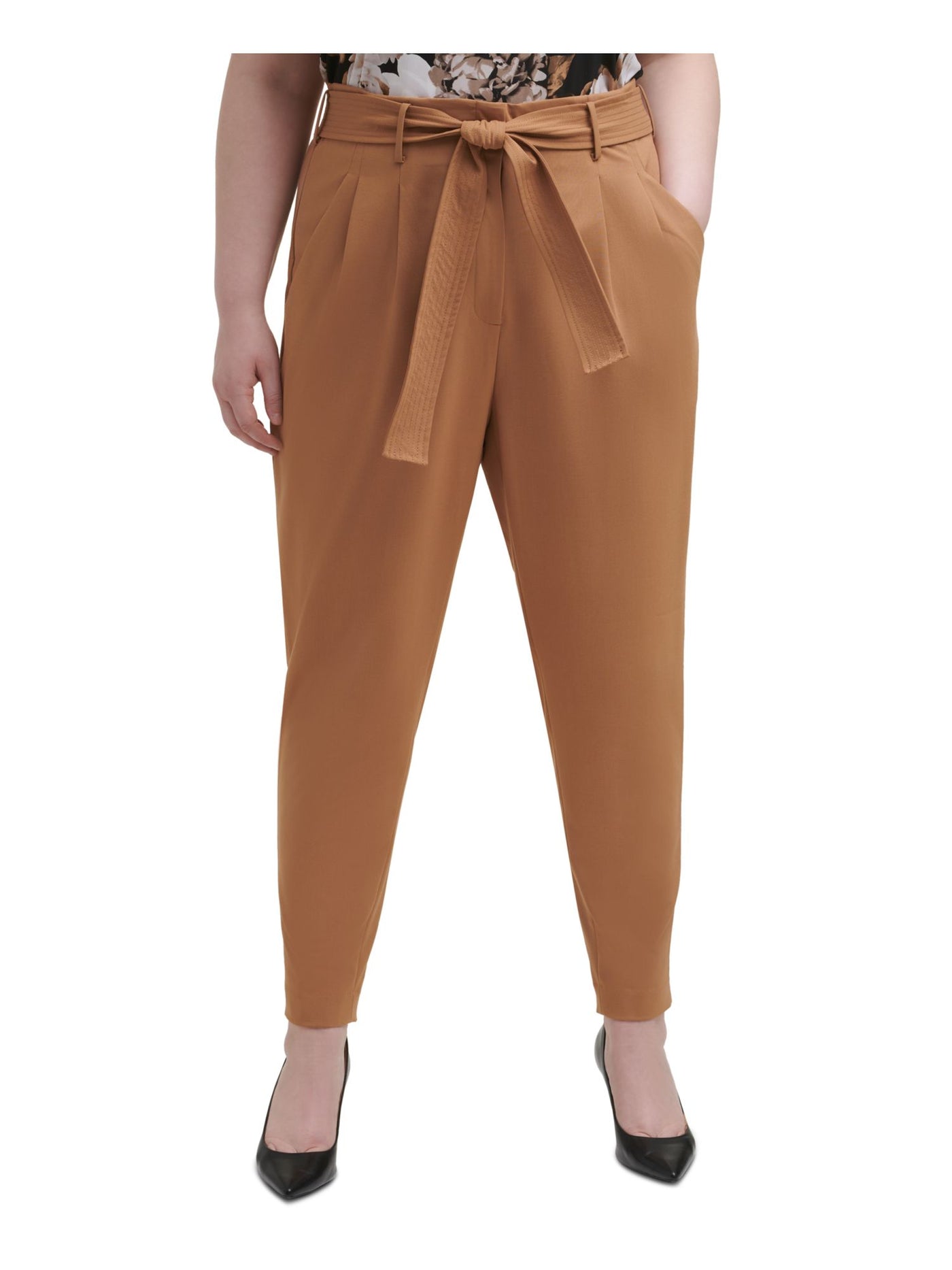 CALVIN KLEIN Womens Brown Stretch Pleated Belted Mid Rise Ankle-length Wear To Work Pants Plus 14W