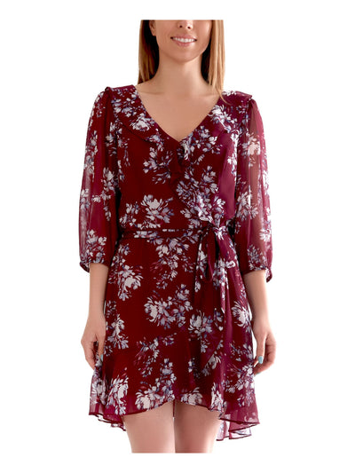 BCX DRESS Womens Burgundy Ruffled Belted Ruched Sheer Floral 3/4 Sleeve V Neck Knee Length Party Hi-Lo Dress XXS
